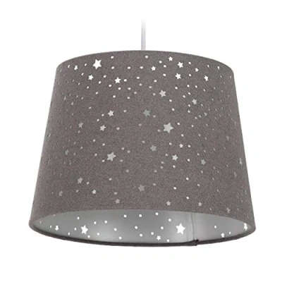 Abbildung von Relaxdays Kinderzimmerlampe Sterne, hängende Schirmlampe, Jungen &amp; Mädchen, Sternenhimmel, E27, runder Stoffschirm, grau, 10028042_111