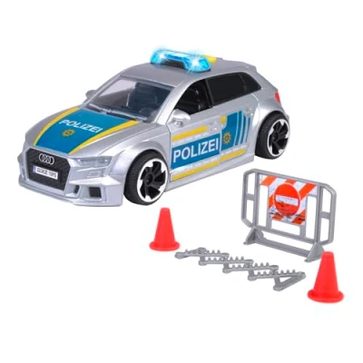 Abbildung von Dickie Toys Audi RS3 15 cm großes Polizeiauto mit Straßensperre und Pylone, Licht &amp; Sound, Friktionsantrieb, für Kinder ab 3 Jahre