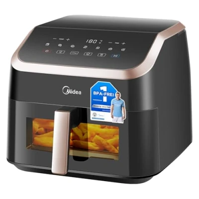 Abbildung von Midea Heißluftfritteuse XXL Air Fryer 9L, 8 in 1, Extra breite Kammern, max 200C, Fritteuse ohne Öl, Grillen, Backen, Braten, Dehydrieren, Aufwärmen, Warmhalten,Spülmaschinenfeste