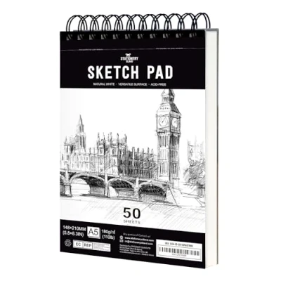 Abbildung von STATIONERY ISLAND Skizzenbuch, A5 Zeichenblock 180 g/m² Dickes Papier, 100 Seiten / 50 Bögen Spiralgebundenes DIN Sketchbook 1 Packungen