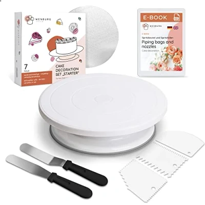 Abbildung von Wenburg Drehbare Tortenplatte, Tortendeko Set zum Backen Backutensilien Backzubehör für Torten Kuchen Drehteller, Winkelpaletten, Teigschaber, Tortendrehscheibe, Konditorei Zubehör (Set Starter)