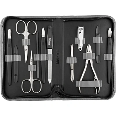 Abbildung von marQus Solingen Mega Maniküre Set Herren und Damen 12 teilig Nagelset mit allem was man für Pediküre braucht, in hochwertigem Echt Leder Etui
