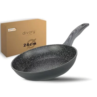 Abbildung von DIVORY Bratpfanne 24cm Induktion Antihaft Beschichtete kleine Universalpfanne für alle Herdarten Sichere Griffe, Spülmaschinen geeignet (Graues Holz, 24 cm)