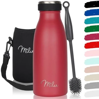 Abbildung von Milu Edelstahl Trinkflasche 350ml, 500ml, 750ml, 1L, 1,5L Thermosflasche für Kinder Erwachsene auslaufsicher Isolierflasche Kohlensäure geeignet inkl. Reinigungsbürste (Rot, 350ml)