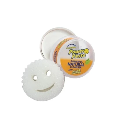 Abbildung von Scrub Daddy Power Paste Universalstein Putzmittel Set Backofenreiniger für Glas, Metall, Kochfeld natürlicher Putzstein, Universalreiniger mit Mommy Allzweckreiniger Smiley Schwamm