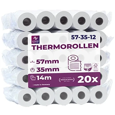 Abbildung von Ec Cash Thermorollen 57mm x 14m 12mm Kassenrollen Thermopapier Bonrollen für Bankomat Kredit Kartenlesegeräte mit SEPA Lastschrifttext (EC 57x35x12 14 Meter LST 20 Rollen)