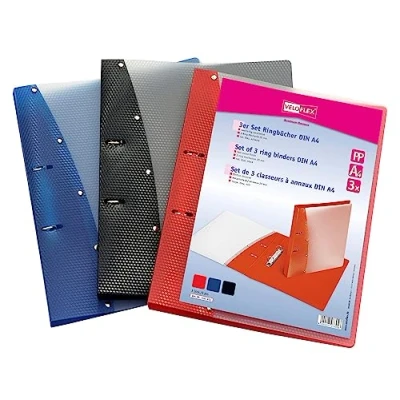 Abbildung von VELOFLEX 1141003 Ringbuch Diamond, DIN A4, 3 Stück, Füllhöhe 20 mm, Ringordner mit 2 Ring Mechanik, blau schwarz rot