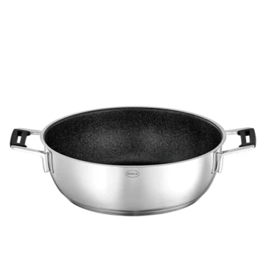 Abbildung von RÖSLE SILENCE PRO Servierpfanne, Pfanne mit kratzfester Premium Antihaftversiegelung ProResist, Silikongriffe, 28 cm, Edelstahl 18/10, induktionsgeeignet, spülmaschinengeeignet, Silberfarben/Schwarz
