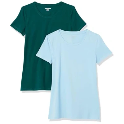 Abbildung von Amazon Essentials Damen T Shirt mit kurzen Ärmeln und Rundhalsausschnitt in normaler Passform, 2er Pack, Dunkelgrün/Puderblau, L