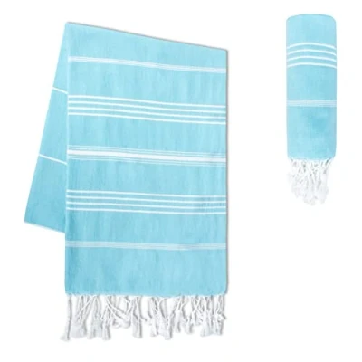 Abbildung von LAYNENBURG 2er Set Premium Hamamtuch mit handgeknüpften Fransen 100% Baumwolle XXL Strandtuch 100x200 cm Oeko TEX 100 Strandhandtuch groß Saunatuch &amp; Reisehandtuch (Helltürkis)