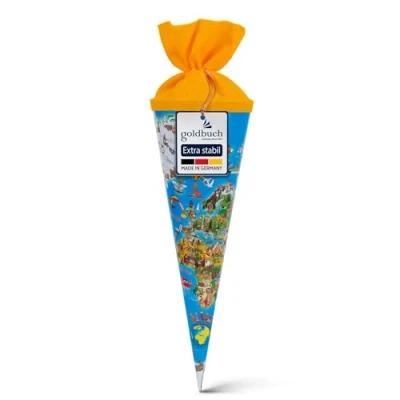 Abbildung von goldbuch 93070 Geschwisterschultüte mit Weltkarte Motiv, Zuckertüte 35 cm, Schultüte aus Lackkarton, Geschenkverpackung für viele Anlässe, Geschwistertüte zur Einschulung