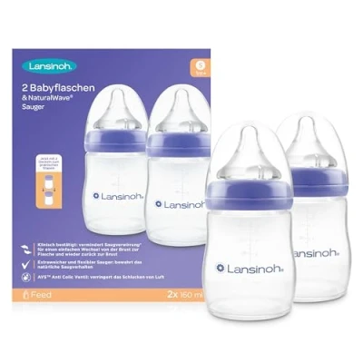 Abbildung von Lansinoh Babyflaschen mit NaturalWave Sauger Gr. S, 160 ml Doppelpack neues kompaktes Design für verbesserte Stabilität stapelbarem Deckel, transparent