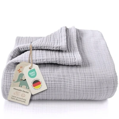 Abbildung von LAYNENBURG Premium Musselin Babydecke 120x120cm 4 lagige Decke aus 100% Baumwolle Oeko TEX 100 Kuscheldecke oder Schlafdecke, Pucktuch, Spucktuch für Baby, Neugeborene &amp; Kinder (grau)