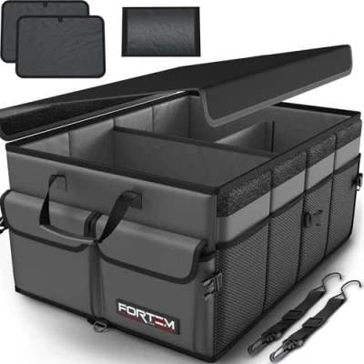 Abbildung von FORTEM Kofferraum Organizer, Kofferraumtasche, Zusammenklappbarer Auto Organizer mit Fächern, Rutschfester Boden, Verstellbare Sicherungsriemen, Klappbarer Deckel (Grau, Größe L)