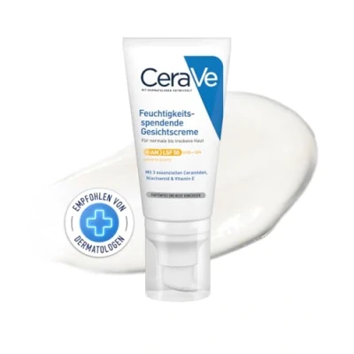 Abbildung von CeraVe Feuchtigkeitscreme für das Gesicht mit LSF 50, Creme trockene bis sehr Haut, Tagescreme Hyaluron und 3 essenziellen Ceramiden, 52 ml