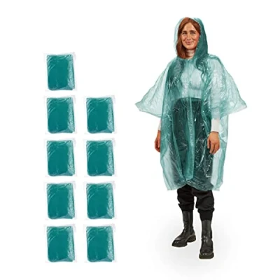 Abbildung von Relaxdays Regenponcho Einweg, 10er Set, Einmal Regencape mit Kapuze, für Erwachsene, Notfallponcho Damen &amp; Herren, grün