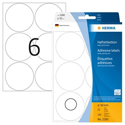 Abbildung von HERMA 2280 Punktaufkleber Klebepunkte weiß, 192 Stück, Ø 50 mm, 6 pro Bogen, selbstklebend, Markierungspunkte für Kalender Planer Basteln, matt, blanko Papier Farbpunkte Aufkleber