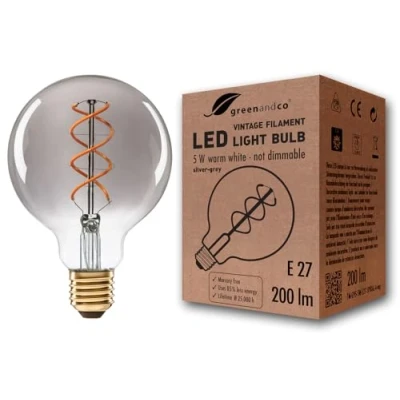 Abbildung von greenandco® Vintage Glühfaden LED Lampe silbergrau E27 G95 5W 200lm 1800K extra warmweiß 360 230V nicht dimmbar 2 Jahre Garantie
