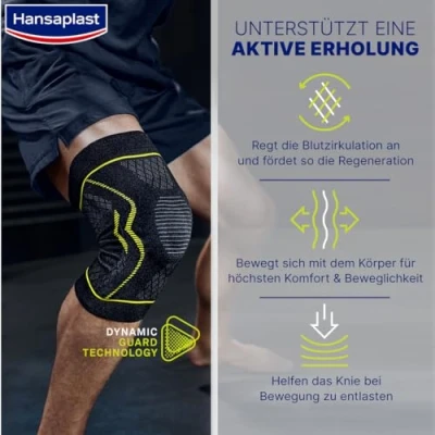 Abbildung von Hansaplast Performance Knie Bandage, Kniebandage stabilisiert &amp; entlastet das Gelenk, Bandage für rechtes linkes Kniegelenk unterstützt die aktive Erholung, Größe L/XL