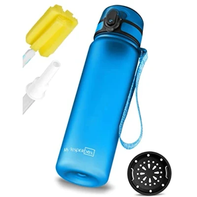 Abbildung von My Vesperbox Minny Kinder Trinkflasche auslaufsicher 500ml mit Strohhalm oder Sieb leichte Tritan Wasserflasche BPA frei für Kindergarten, Schule (Blau 500ml)