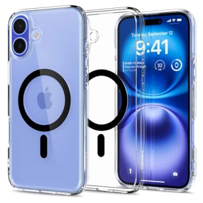 Abbildung von Spigen für iPhone 16 Hülle [Anti Yellowing] Ultra Hybrid MagFit Case Handyhülle Transparent Dünn Slim Kompatibel mit MagSafe Schwarz