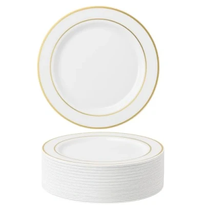 Abbildung von MATANA 50 Premium Weiße Plastikteller mit Goldrand, Mehrweg Kunststoffteller, 26cm Partyteller Gold für Hochzeiten, Geburtstage, Partys Elegantes &amp; Stabiles Partygeschirr