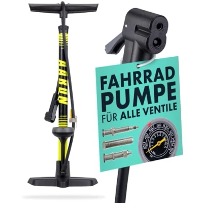Abbildung von AARON Sport One Fahrrad Standpumpe mit Manometer für alle Ventile Hochdruck Fahrradpumpe inkl. Ball Aufsatz Luftpumpe E Bike, Mountainbike, Rennrad UVM. Gelb
