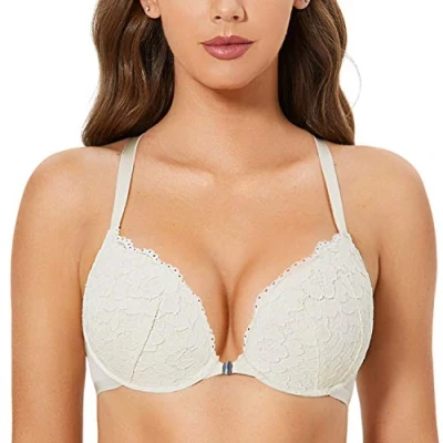 Abbildung von DOBREVA Damen Vorderverschluss BH mit Bügel Push Up Spitzen Neckholder BHS Racerback Tiefer Ausschnitt Gepolsterter Elfenbein 90B