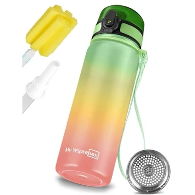 Abbildung von My Vesperbox Edelstahl Thermos Trinkflasche auslaufsicher mit Strohhalm oder Sieb 400 ml, 600ml BPA FREI für Kindergarten, Schule (Regenbogen 600ml)
