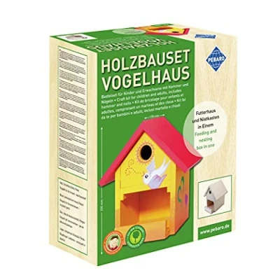 Abbildung von Pebaro 466 Holzbauset Bastelset Vogelhaus inkl. 9 unbehandelten Birkenholzplatten, Löcher vorgebohrt, Hammer und Nägeln, Geschenkidee für Hobby, kleine Handwerker Kinder, Basteln mit Holz