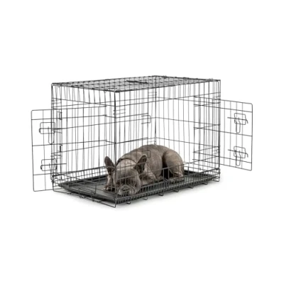 Abbildung von lionto Tiertransportbox für Hunde und Katzen, vielseitiger Transportkäfig mit hygienischer Kunststoffwanne, 76x49x56 cm, Hundebox aus Metall stabilen Sicherheitsverschlüssen &amp; Trennwand, schwarz