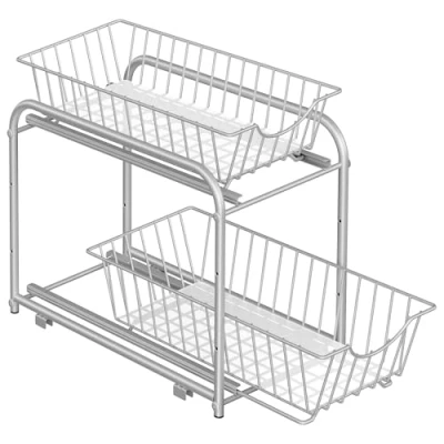 Abbildung von SONGMICS Küchenschrank Organizer, Küchenregal, Ordnungssystem, 2 Ebenen, stapelbar, erweiterbar, mit Metallkörben, für Küche, metallisches Silber KCS017E01