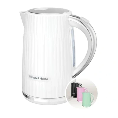 Abbildung von Russell Hobbs Wasserkocher [1,7L 2400W] Eden Weiß, Edelstahlakzente (herausnehmbarer Kalkfilter, Deckelöffnung per Knopfdruck, Wasserstandsanzeige, leuchtender Schalter, BPA frei) Teekocher 27360 70