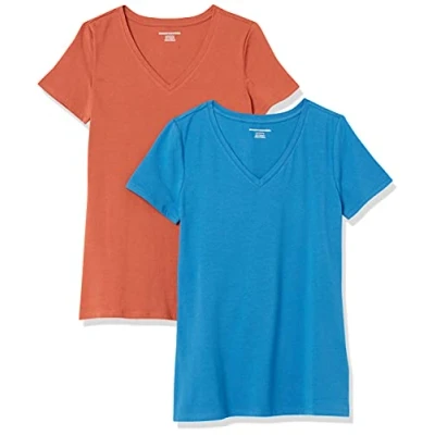 Abbildung von Amazon Essentials Damen Kurzärmeliges T Shirt mit V Ausschnitt, Klassischer Schnitt, 2er Pack, Terrakotta/Blau, XXL