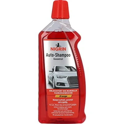 Abbildung von NIGRIN Autoshampoo Konzentrat, 1 Liter, entfernt auch starke Verschmutzungen, schont Lack und Kunststoffoberflächen, mit Orangen Duft, Orange