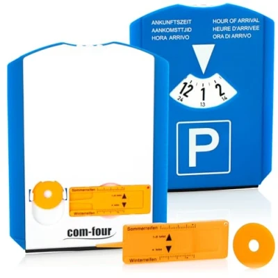 Abbildung von com four® 2X Parkscheibe mit Eiskratzer, Gummilippe und Einkaufswagenchip Reifenprofilmesser Parkuhr aus Kunststoff (02 Stück Chip+Profilmesser)