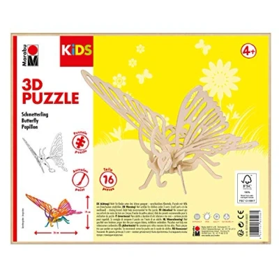 Abbildung von Marabu 317000000020 KiDS 3D Holzpuzzle Schmetterling, mit 16 Puzzleteilen aus FSC zertifiziertem Holz, ca. 26 x 19 cm groß, einfache Stecktechnik, zum individuellen Bemalen und Gestalten