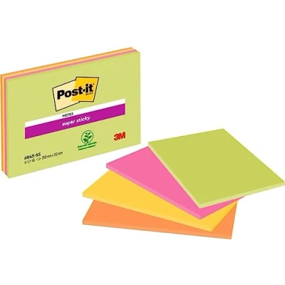 Abbildung von Post it Super Sticky Meeting Notes, Packung mit 4 Blöcken, 45 Blatt pro Block, 203 mm x 152 mm, Farben: Grün, Pink, Gelb, Orange Extra stark klebende Notizzettel für To Do Listen und Erinnerungen