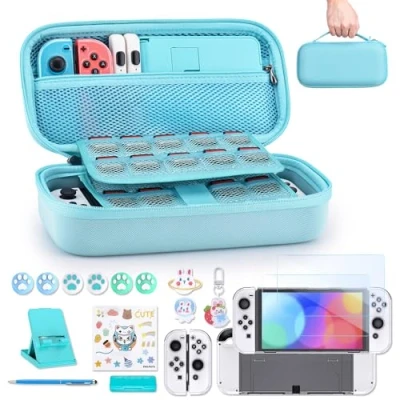 Abbildung von innoAura Switch Tasche für NS OLED 18 in 1 Zubehör mit Hülle, Spiele Aufbewahrung, Schutzfolie OLED, Ständer, Joystick Kappen (Blau)