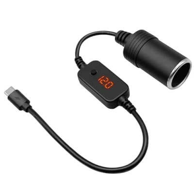Abbildung von USB C Stecker auf 12V Auto Zigarettenanzünder Buchse Adapter Kabel Konverter mit Voltmeter Anzeige, Einstellbare Spannung 5V/9V/12V, Geeignet für Ladegerät, GPS, Dash Cam