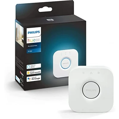 Abbildung von Philips Hue Bridge Steuerelement für Lichtsysteme, smarte Schaltzentrale zur Steuerung von Smart Home Lampen, kompatibel Sprachsteuerung und per App überall