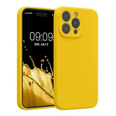 Abbildung von kwmobile Handyhülle kompatibel mit Apple iPhone 15 Pro Max Hülle gummierte Handy Case aus Silikon in Strahlend Gelb