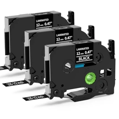 Abbildung von MarkField Kompatible Laminiert Schriftband als Ersatz für Brother P Touch TZ TZe 335 Etikettenband PT H105 H107 H101C H100LB/R 1005 1250 D200 E110 Cube, Weiß auf Schwarz, 12mm x 8m, 3 Pack