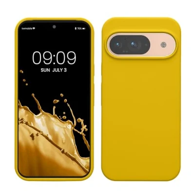 Abbildung von kwmobile Hülle kompatibel mit Google Pixel 9 / Pro Silikon Handy Case Handyhülle weiche Oberfläche kabelloses Laden Strahlend Gelb
