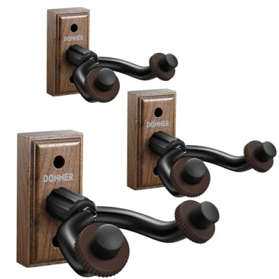 Abbildung von Donner Gitarrenwandhalter, Schwarznuss Gitarren Wandhalterung Gitarrenhalterung Gitarrenhalter Wand Für Gitarre, Bass, Ukulele, Banjo, Mandoline (3 Stück)