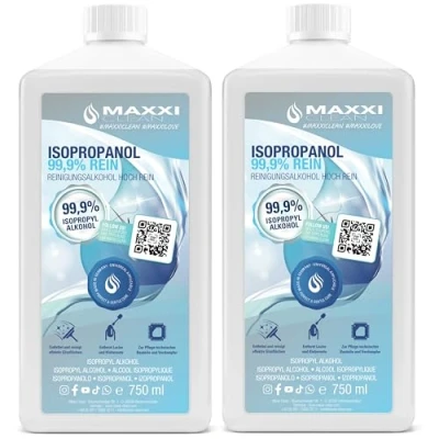Abbildung von Maxxi Clean 2x 750 ml reines Isopropanol (99,9%) Reinigungsalkohol Fettlöser &amp; Lösungsmittel rückstandsfrei anwendbar zur Reinigung von elekt. Bauteilen, Schallplatten, Druckköpfen und mehr