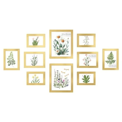 Abbildung von SONGMICS Bilderrahmen 10er Set, für 2 Fotos in 20 x 25 cm, 4 13 18 10 15 Kunststoffscheibe, MDF, helles Gold RPF310A01