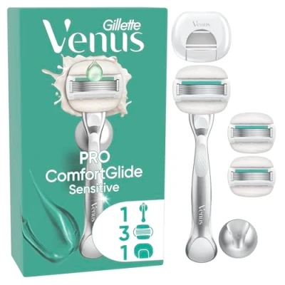 Abbildung von Gillette Venus Pro ComfortGlide Sensitive Damenrasierer mit einem Hauch von Aloe Vera, 3 Ersatzklingen, langlebiges Metallhandstück und Duschhalterung