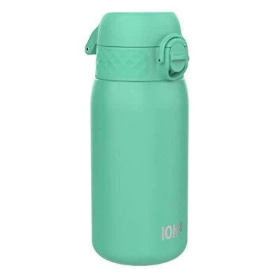 Abbildung von Ion8 Kinder Trinkflasche, Edelstahl 400ml, Auslaufsicher, Einhandöffnung, Sichere Verriegelung, Spülmaschinenfest, Klappdeckel, Tragegriff, Leicht zu Reinigen, Langlebig &amp; Kratzfest, Blaugrün