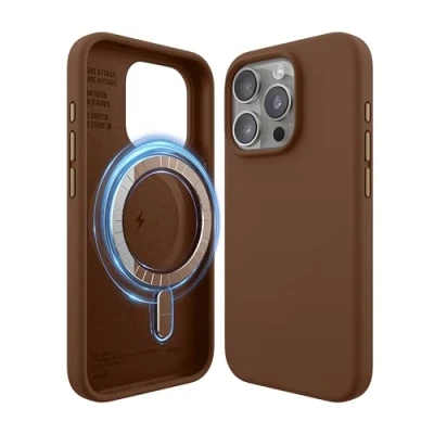 Abbildung von elago Magnetische Silikonhülle Kompatibel mit iPhone 15 Pro Hülle, MagSafe Alles Zubehör, Integrierte Magnet, Premium Silikon, Ganzkörper Schutzhülle [5 Lagige Struktur] (Braun)